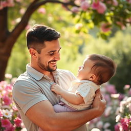 A tender scene of a man lovingly carrying a baby in his arms