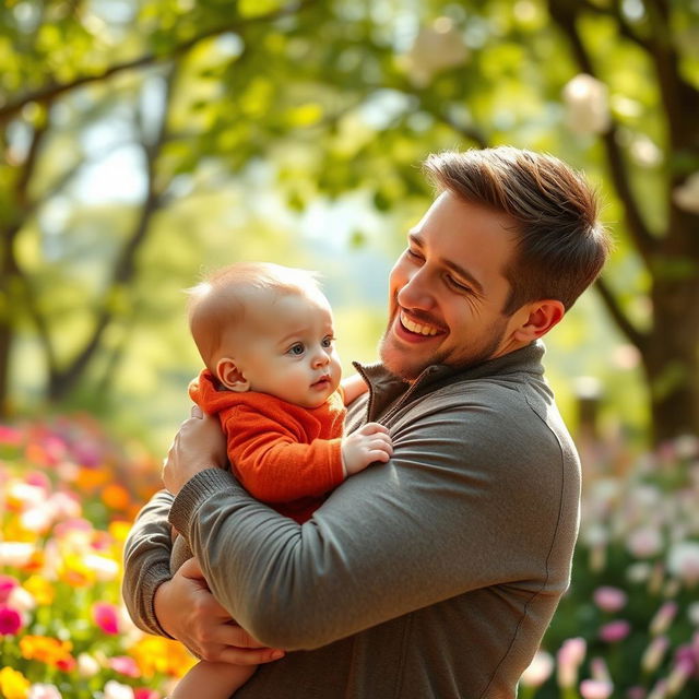 A tender scene of a man lovingly carrying a baby in his arms