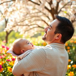 A tender scene of a man lovingly carrying a baby in his arms