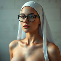 A beautiful semi-naked nun, approximately 35 years old, wearing stylish glasses