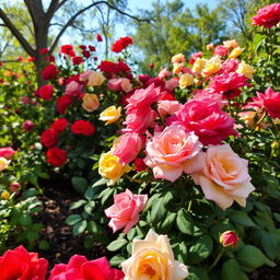 A serene scene depicting a vivid, lush garden surrounded by blooming rose flowers of various colors including red, pink, yellow, and white
