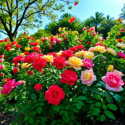 A serene scene depicting a vivid, lush garden surrounded by blooming rose flowers of various colors including red, pink, yellow, and white