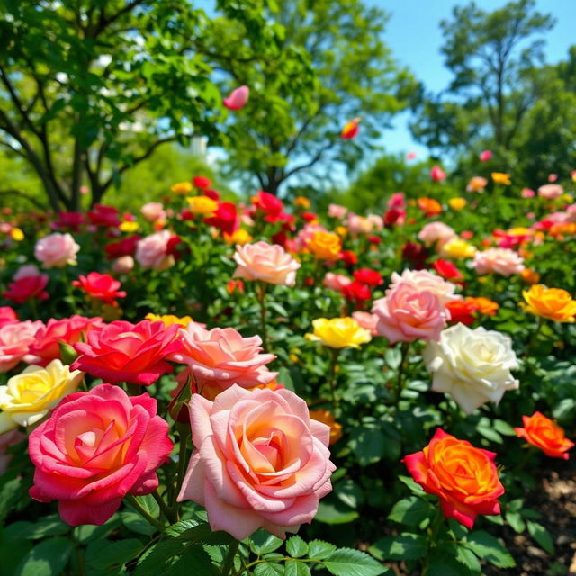 A serene scene depicting a vivid, lush garden surrounded by blooming rose flowers of various colors including red, pink, yellow, and white