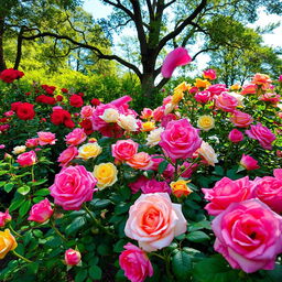 A serene scene depicting a vivid, lush garden surrounded by blooming rose flowers of various colors including red, pink, yellow, and white