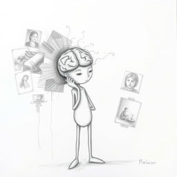 A pencil drawing of a humanoid figure whose eraser resembles a brain, engaged in erasing dark, painful memories from a canvas representing the past