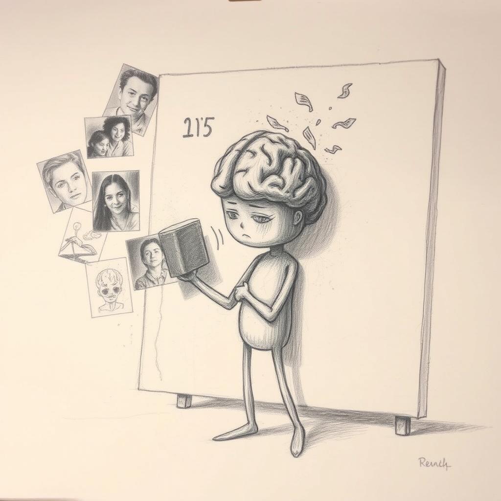 A pencil drawing of a humanoid figure whose eraser resembles a brain, engaged in erasing dark, painful memories from a canvas representing the past