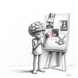 A pencil drawing of a humanoid figure whose eraser resembles a brain, engaged in erasing dark, painful memories from a canvas representing the past