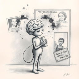 A pencil drawing of a humanoid figure whose eraser resembles a brain, engaged in erasing dark, painful memories from a canvas representing the past