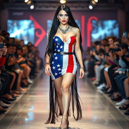 A full-length photograph of a stunning 19-year-old female model with pale skin and long black hair