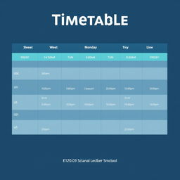 Create a sleek and modern timetable graphic for a school schedule that includes days of the week, subjects, and class times