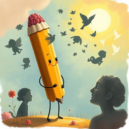 A whimsical illustration featuring a pencil designed to resemble a person