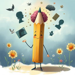 A whimsical illustration featuring a pencil designed to resemble a person