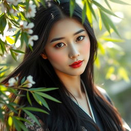 A serene and beautiful Japanese woman in a tranquil setting, revealing her natural beauty with a delicate balance of elegance and nature