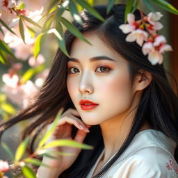A serene and beautiful Japanese woman in a tranquil setting, revealing her natural beauty with a delicate balance of elegance and nature