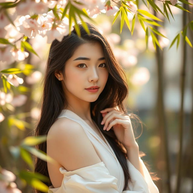 A serene and beautiful Japanese woman in a tranquil setting, revealing her natural beauty with a delicate balance of elegance and nature