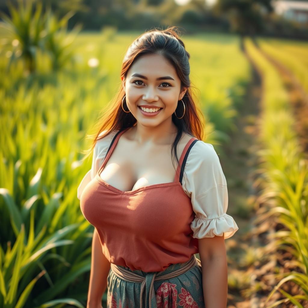 A beautiful Malaysian woman with very large, round breasts, dressed in a traditional farming outfit that showcases her ample curves