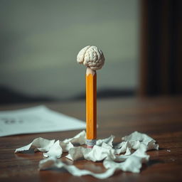 A pencil that resembles a human figure, with an eraser designed to look like a brain, symbolizing the act of erasing painful memories from the past