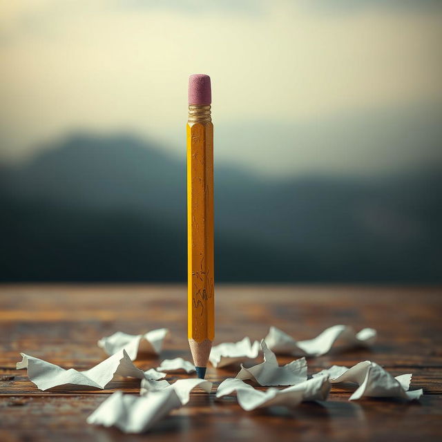 A pencil that resembles a human figure, with an eraser designed to look like a brain, symbolizing the act of erasing painful memories from the past