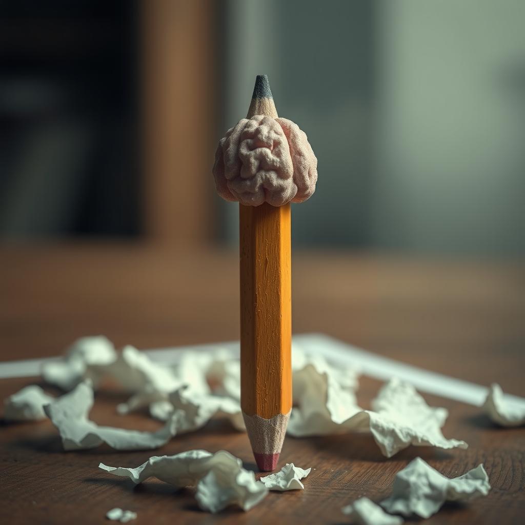 A pencil that resembles a human figure, with an eraser designed to look like a brain, symbolizing the act of erasing painful memories from the past