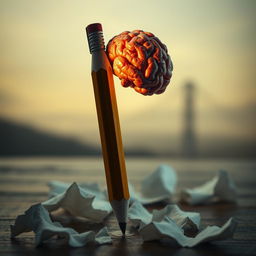A pencil that resembles a human figure, with an eraser designed to look like a brain, symbolizing the act of erasing painful memories from the past