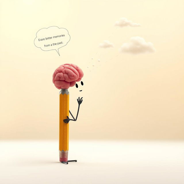 A pencil designed to resemble a person, with an eraser at the end that looks like a brain