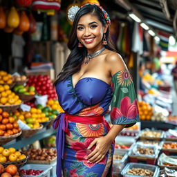 A beautiful Malaysian vendor with very large, round breasts, dressed in a colorful traditional outfit that showcases her curves
