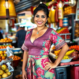 A beautiful Malaysian vendor with very large, round breasts, dressed in a colorful traditional outfit that showcases her curves