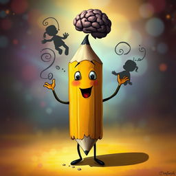 A whimsical pencil character that resembles a humanoid figure, with an eraser shaped like a brain on top