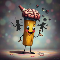 A whimsical pencil character that resembles a humanoid figure, with an eraser shaped like a brain on top