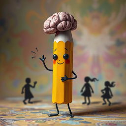 A whimsical pencil character that resembles a humanoid figure, with an eraser shaped like a brain on top