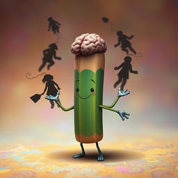 A whimsical pencil character that resembles a humanoid figure, with an eraser shaped like a brain on top