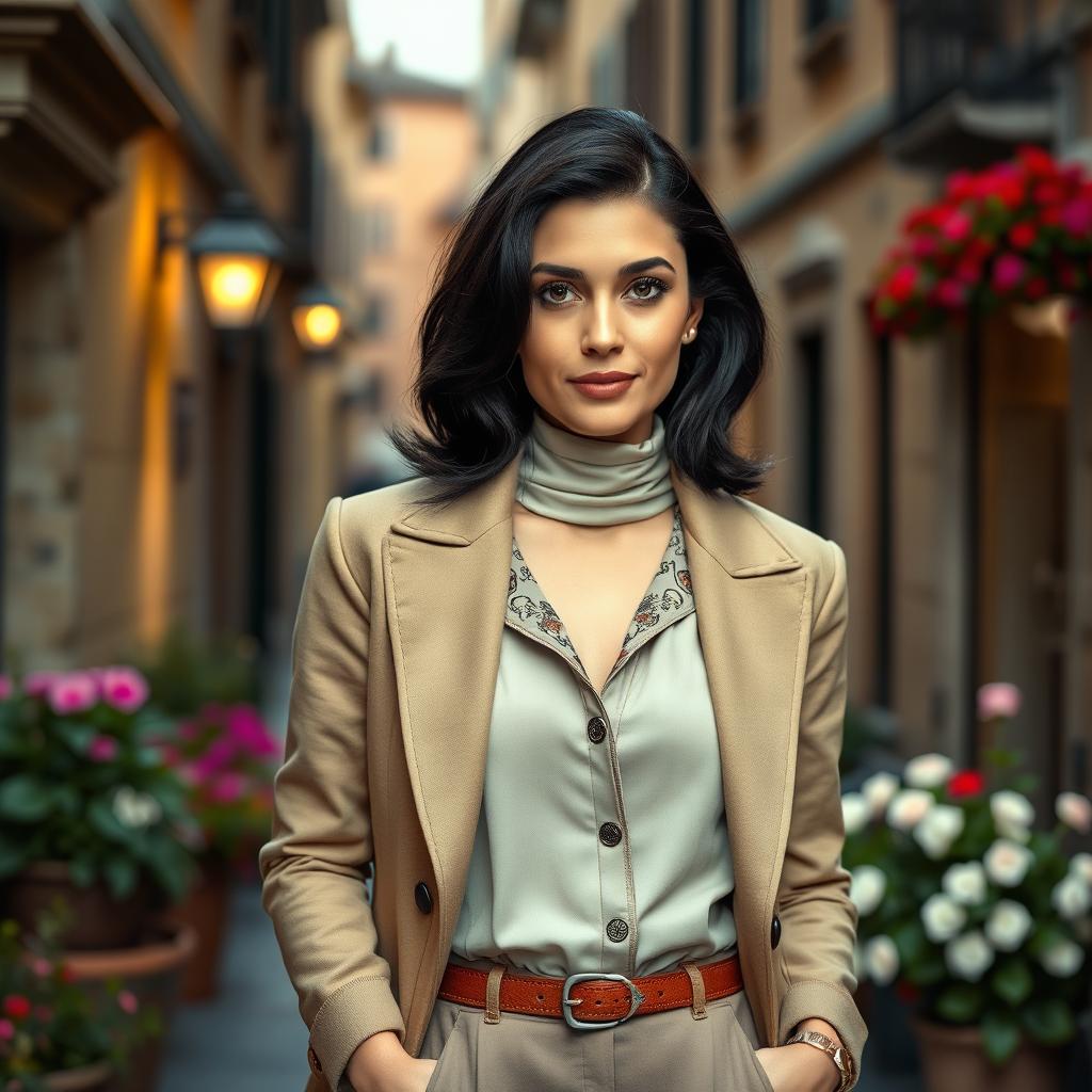 A 39-year-old woman with dark hair and elegant Italian features, fully dressed in stylish clothing