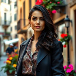 A 39-year-old woman with dark hair and elegant Italian features, fully dressed in stylish clothing
