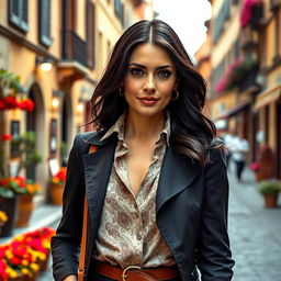 A 39-year-old woman with dark hair and elegant Italian features, fully dressed in stylish clothing