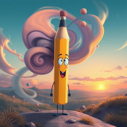 A creative and surreal depiction of a pencil designed to look like a human figure, where the eraser at the top represents a brain