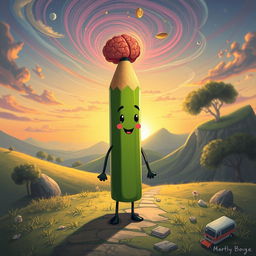 A creative and surreal depiction of a pencil designed to look like a human figure, where the eraser at the top represents a brain