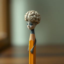 A pencil designed to resemble a human figure, where the eraser on top is shaped like a brain, symbolizing the act of erasing bitter memories from the past