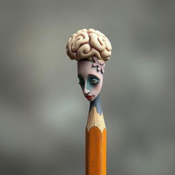 A pencil designed to resemble a human figure, where the eraser on top is shaped like a brain, symbolizing the act of erasing bitter memories from the past