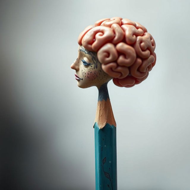 A pencil designed to resemble a human figure, where the eraser on top is shaped like a brain, symbolizing the act of erasing bitter memories from the past