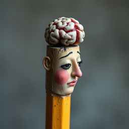 A pencil designed to resemble a human figure, where the eraser on top is shaped like a brain, symbolizing the act of erasing bitter memories from the past