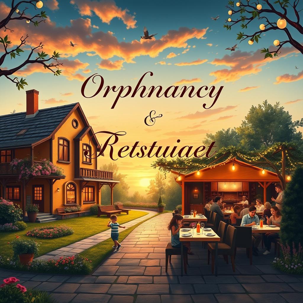 A book cover design featuring an orphanage and a restaurant intertwined in a harmonious scene