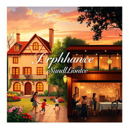 A book cover design featuring an orphanage and a restaurant intertwined in a harmonious scene