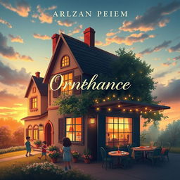 A book cover design featuring an orphanage and a restaurant intertwined in a harmonious scene