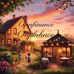 A book cover design featuring an orphanage and a restaurant intertwined in a harmonious scene