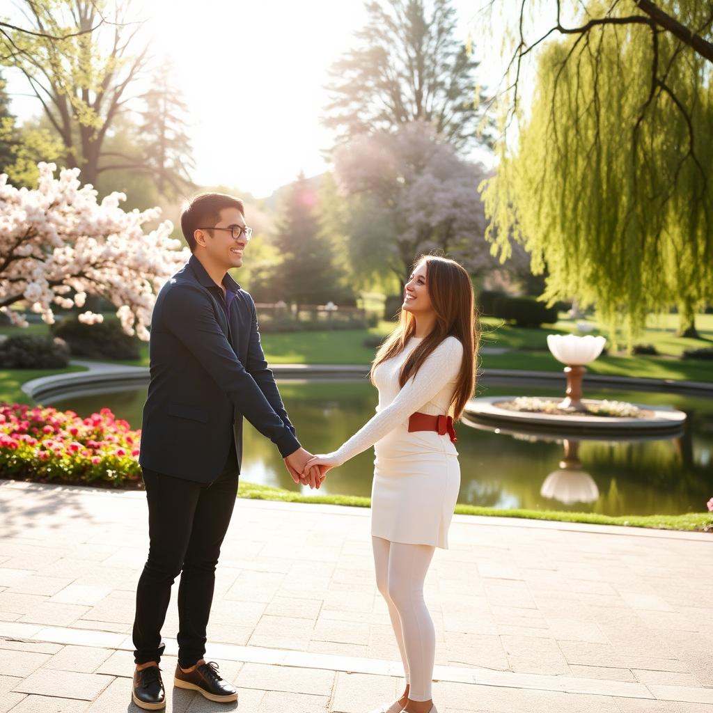 A loving couple standing together in a picturesque park, holding hands