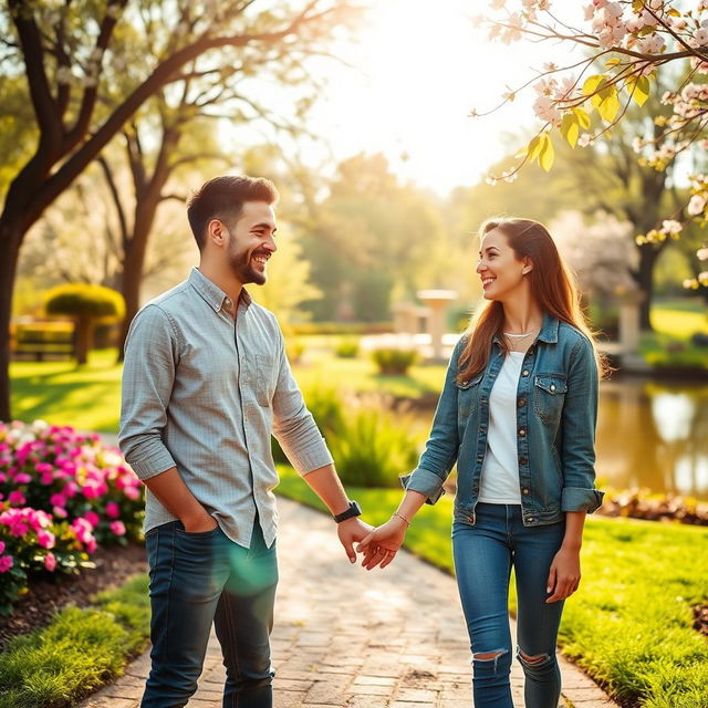 A loving couple standing together in a picturesque park, holding hands