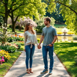 A loving couple standing together in a picturesque park, holding hands