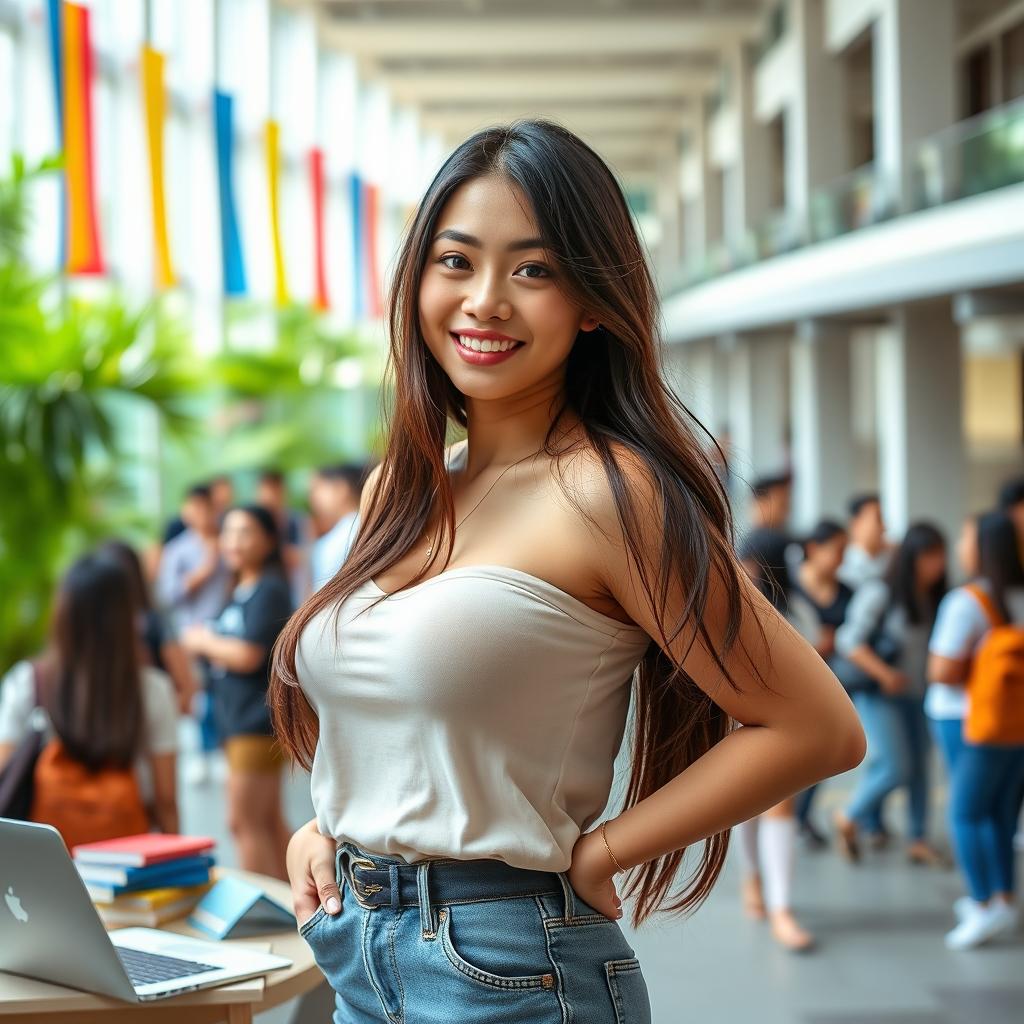 A beautiful Malaysian university student with very large, round breasts, wearing a trendy and flattering outfit that highlights her figure