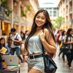A beautiful Malaysian university student with very large, round breasts, wearing a trendy and flattering outfit that highlights her figure