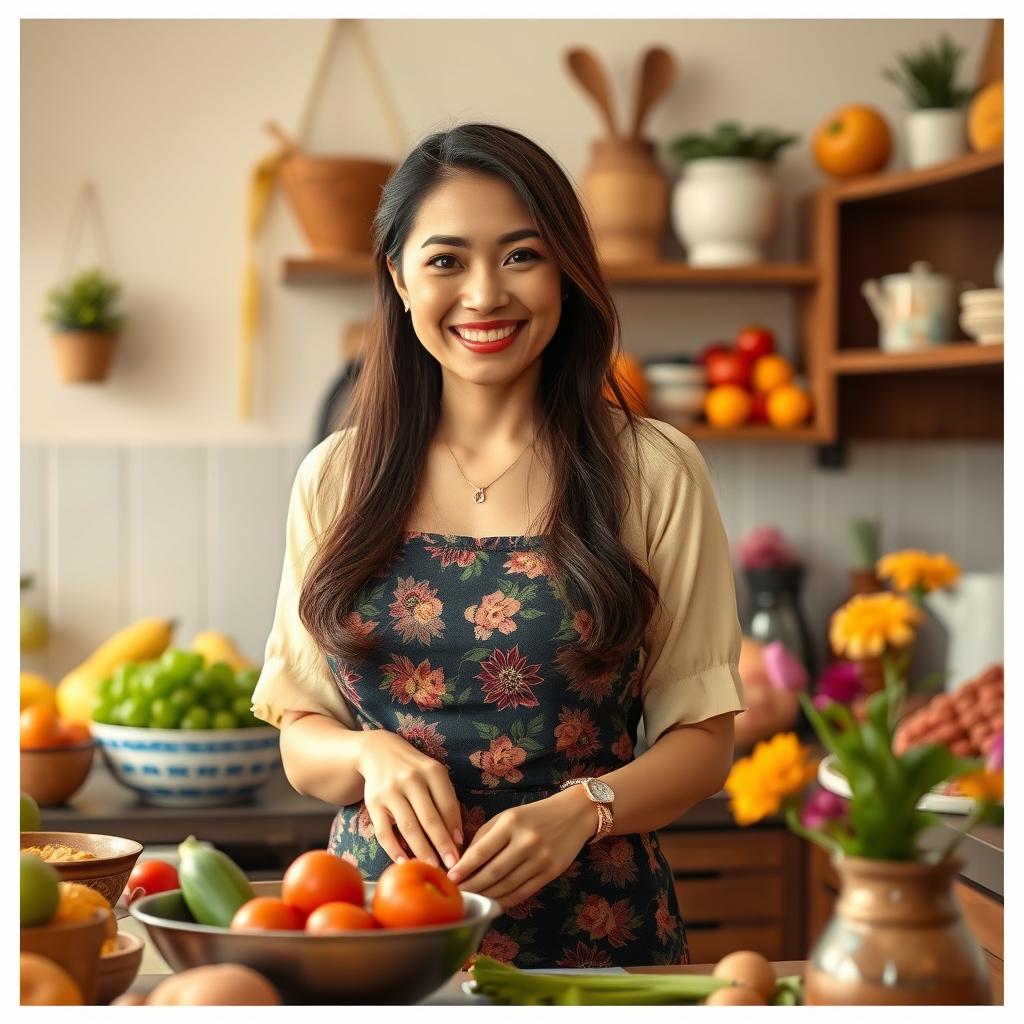 A beautiful Malaysian housewife with very large, round breasts, dressed in fashionable yet comfortable home attire